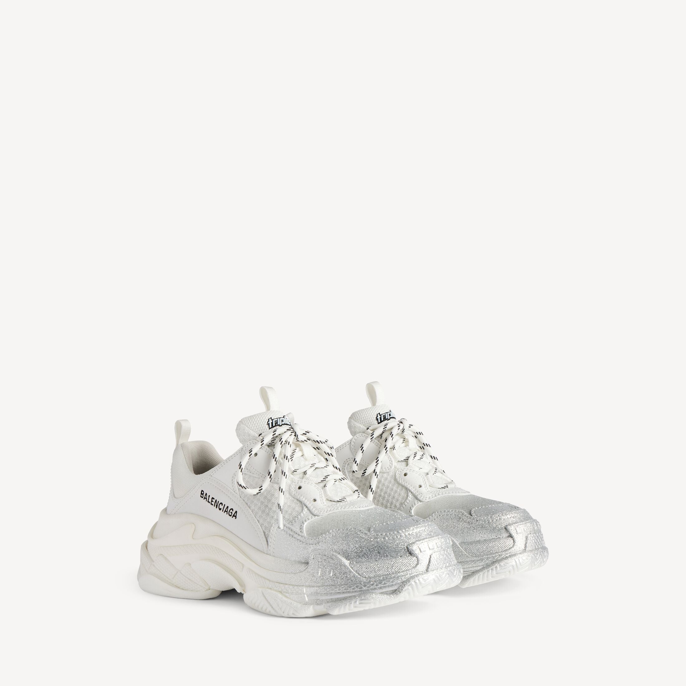 WOMEN'S TRIPLE S GLITTER SPRAY SNEAKER IN WHITE/SILVER
